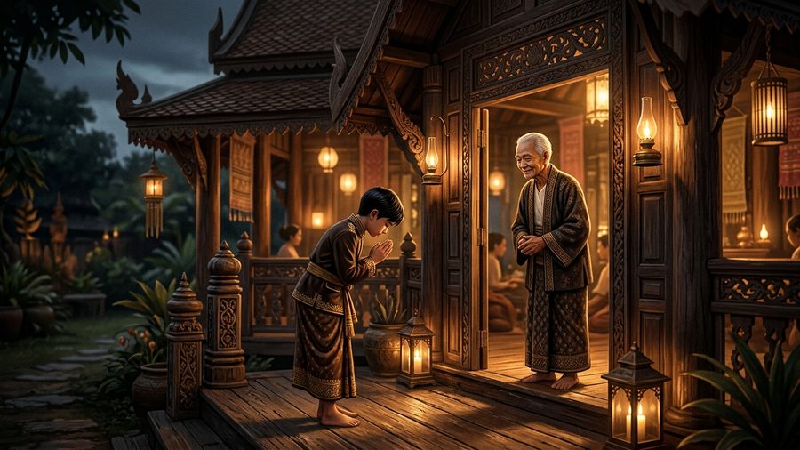Ilustrasi murid memberi hormat kepada guru di pintu pavilion kayu dengan cahaya lilin hangat