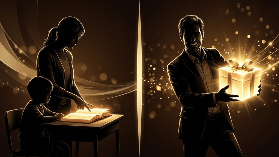 Ilustrasi siluet guru menunjuki buku terbuka di sisi kiri dan pemasar memegang kotak kado bercahaya di sisi kanan