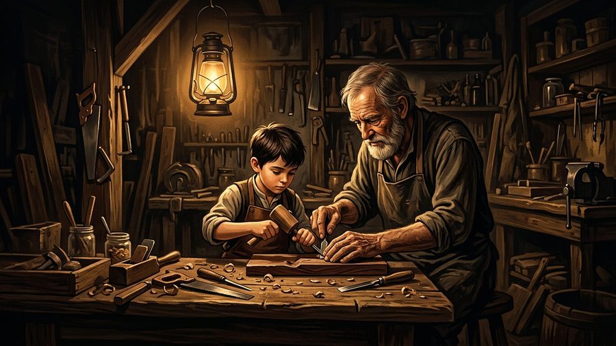 Ilustrasi seorang perajin tua membimbing tangan murid muda di meja kerja kayu dengan cahaya lentera hangat